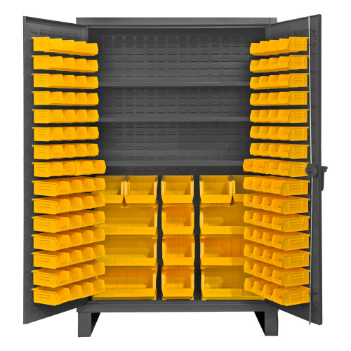 Durham Mfg Heavy-Duty Steel Cabinet, 12 Gauge, 134 Yellow Bins, 3 Adjustable Shelves, 2 Doors, 48"W x 24"D x 78"H, Gray, DM-HDC48-134-3S95 (1/Ea)