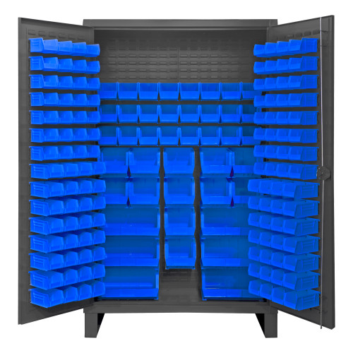 Durham Mfg Heavy-Duty Steel Cabinet, 12 Gauge, 162 Blue Bins, 2 Doors, 48"W x 24"D x 78"H, Gray, DM-HDC48-162-5295 (1/Ea)