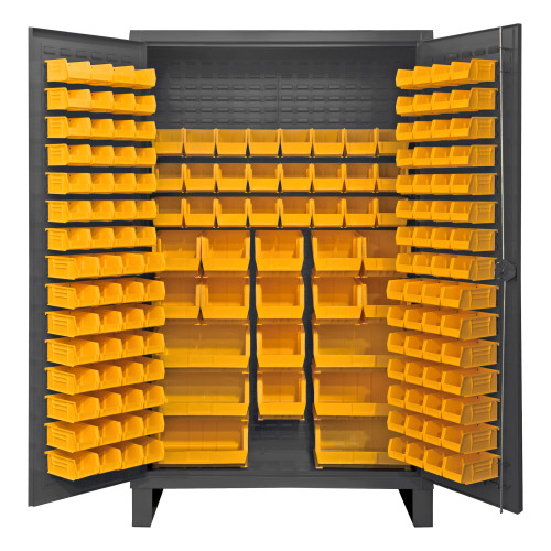 Durham Mfg Heavy-Duty Steel Cabinet, 12 Gauge, 162 Yellow Bins, 2 Doors, 48"W x 24"D x 78"H, Gray, DM-HDC48-162-95 (1/Ea)