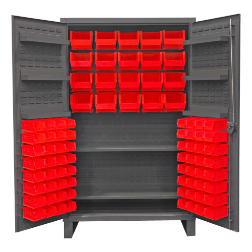 Durham Mfg Heavy-Duty Steel Cabinet, 12 Gauge, 84 Red Bins, 6 Door Shelves, 2 Adjustable Shelves, 2 Doors, 48"W x 24"D x 78"H, Gray, DM-HDC48-84-2S6D1795 (1/Ea)