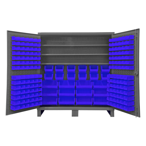 Durham Mfg Heavy-Duty Steel Cabinet, 12 Gauge, 192 Blue Bins, 3 Adjustable Shelves, 2 Doors, 72"W x 24"D x 78"H, Gray, DM-HDC72-192-3S5295 (1/Ea)