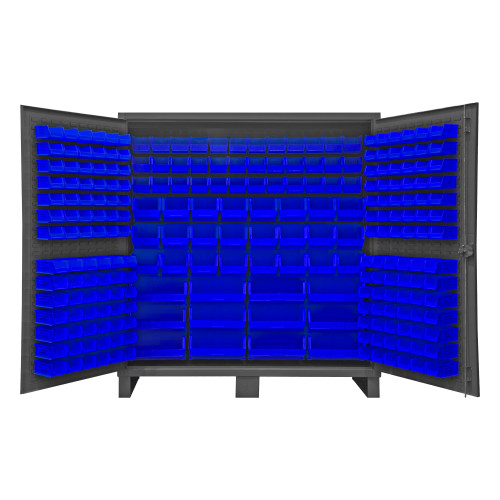 Durham Mfg Heavy-Duty Steel Cabinet, 12 Gauge, 240 Blue Bins, 2 Doors, 72"W x 24"D x 78"H, Gray, DM-HDC72-240-5295 (1/Ea)