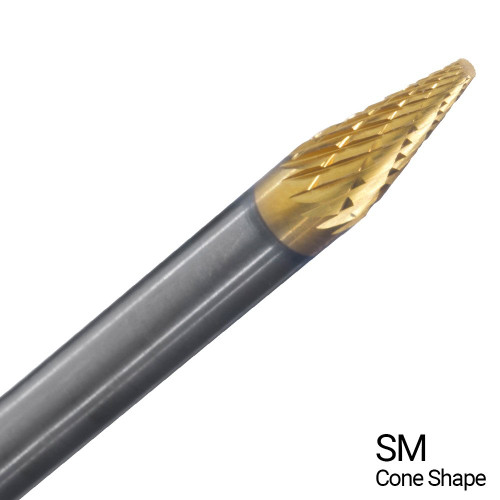 3/8" X 5/8" Cone End Double Cut TiN Coated Carbide Burs SM4 (Qty. 1) 3/8" X 5/8" Cone End Double Cut TiN Coated Carbide Burs SM4 (Qty. 1)