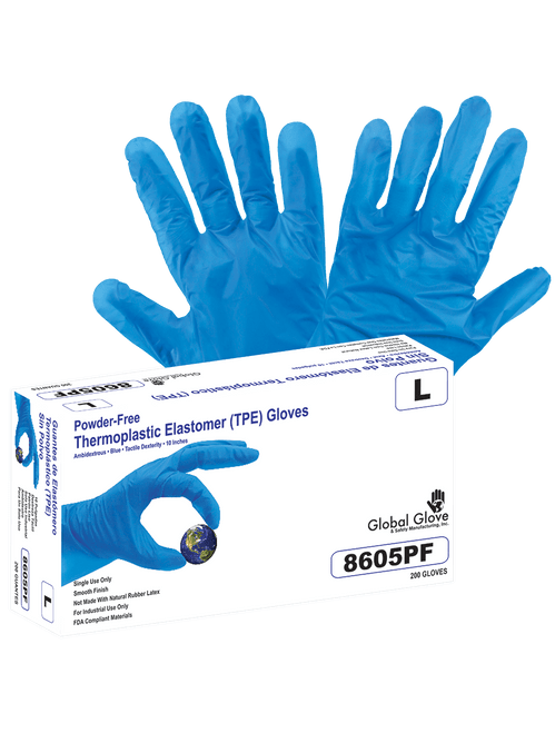 Keto-Handler Plus Thermoplastic Elastomer (TPE), Powder-Free, Industrial-Grade, Blue, 2-Mil, Lightweight, Smooth Finish, 10-Inch Disposable Glove Size 8(M) 200/Box, 10 Boxes, #8605PF-M