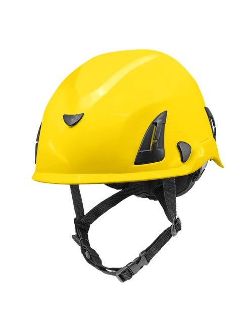 Bullhead Safety Head Protection - Yellow Climbing Style Protective Helmet with Six-Point Ratchet Suspension and Four-Point Chin Strap- Fits Hat Size from 6-1/2" to 8" 1ct, #HH-CH1-Y