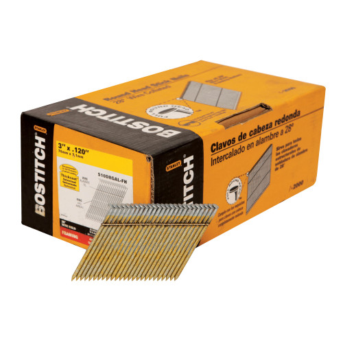 Bostitch 3" X .120", 28 Degree, Ring Shank, Wire Collated, Full Round Head, Stick Framing Nails #S10DRGAL-FH (2,000/Pkg)