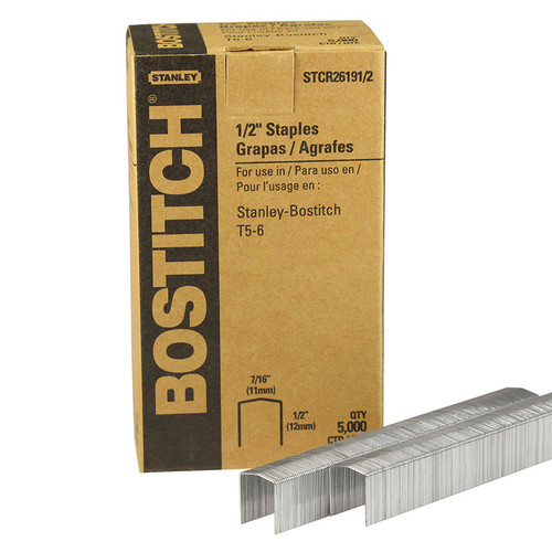 Bostitch 7/16" Construction Staples , 1/2" Leg, 24 Gauge, (5,000/Pack), #STCR26191/2 