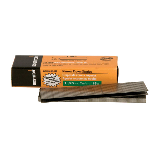 Bostitch 1", 18 Gauge, 7/32" Narrow Crown Stainless Steel Staple #SX50351SS-1M (1,000/Pkg)