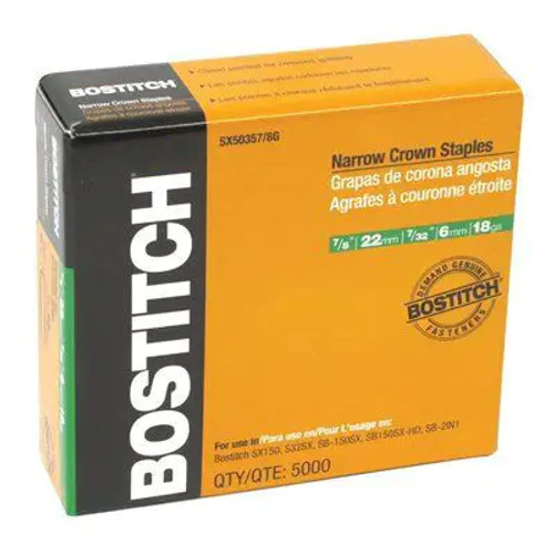 Bostitch 7/32" Narrow Crown SX Series Staples, 18 Gauge, 7/8" Leg, #SX50357/8G (5,000 per Box - 10 Boxes)