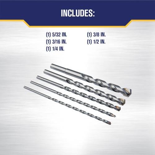 Irwin® 5-PC Hammer Drill Bit Set, Masonry, Tungsten Carbide Tip,#IR-4935076 (6 Sets) Irwin® 5-PC Hammer Drill Bit Set, Masonry, Tungsten Carbide Tip,#IR-4935076 (6 Sets)