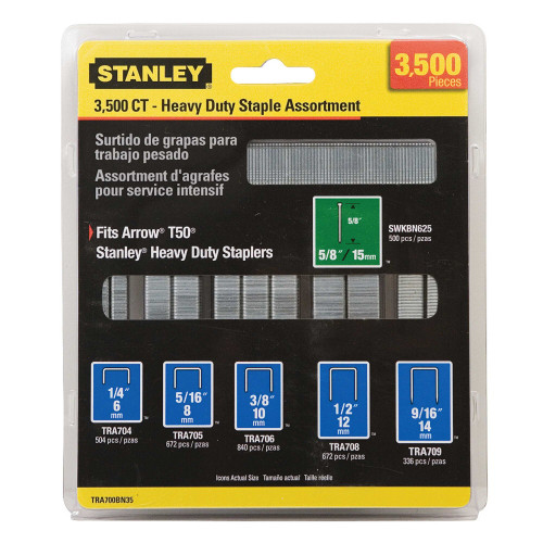 Stanley Products Heavy Duty Staple and Brand Assortments, Narrow Crown, (3,500 Pack/5 Packs), #TRA700BN35