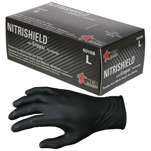 MCR Safety NitriShield Grippaz Disposable Nitrile Gloves, Powder-Free, 6 mil, Large, Black, 10 Boxes/100 Each