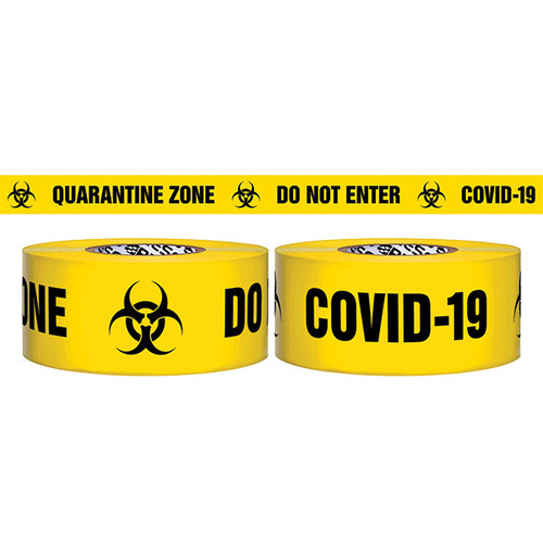 Presco Barricade Tape, 3 mil, "Quarantine Zone Do Not Enter COVID-19", Yellow, 8/Case