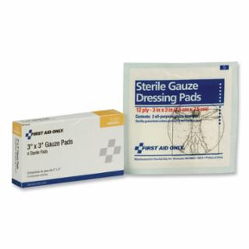 First Aid Only Sterile Gauze Pad, 3 in x 3 in, Gauze, 4/Box #3-001