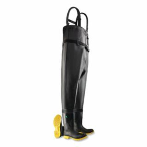 Dunlop Chest Waders, Steel Toe and Midsole, Men's 8, 16 in Boot, 53 in Overall L, PVC/Ultragrip, Nylon Suspenders, Black/Yellow, 1/PR #8686700.08