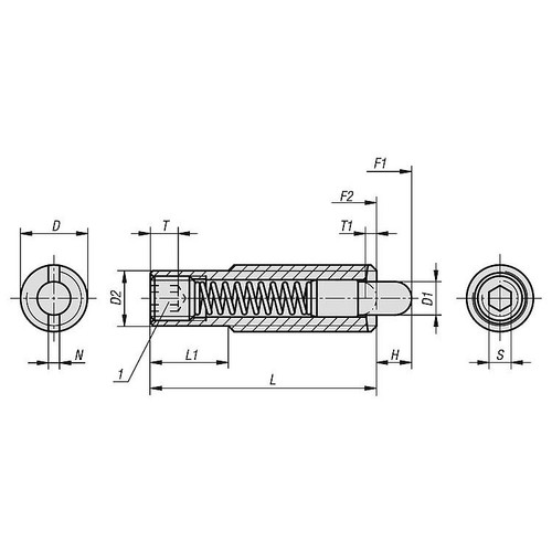 Kipp M08 Spring Plungers w/Hexagon Socket,  Thrust Pin, Long Version,Stainless Steel, Standard Spring Force (Qty. 1), K0657.608X30