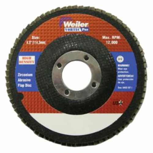 Weiler 4-1/2" Vortec Pro High Density Abrasive Flap Disc, Flat, 10/EA #31387