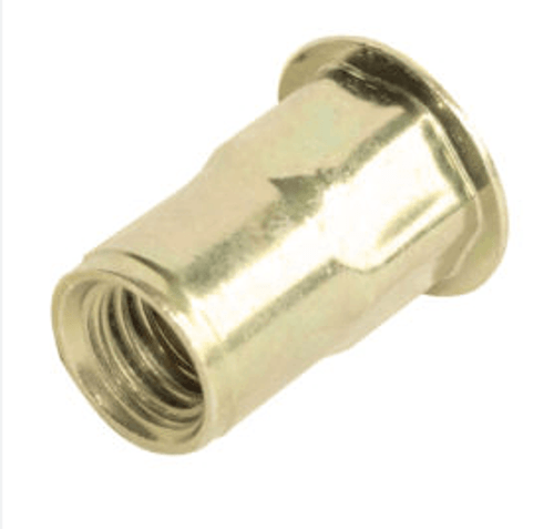 LHS4-610-4.2, Goebel GO-NUT LH Series Rivetnut Insert, M6x1.0 ISO, (0.70 - 4.20mm Grip Range), H Style Semi-Hex Body, Large Flange Head, Steel 1008, Zinc Yellow Trivalent (250/Pkg.)