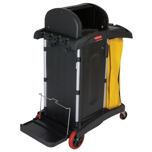 Rubbermaid Microfiber Janitor Cart, 48-1/4 in L x 22 in W x 53-1/2 in H, 2 Shelves, 34 gal Cap, Plastic, Black, 4 in dia Pneumatic Casters, 1/EA #FG9T7500BLA