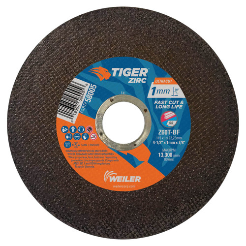 Weiler Tiger Zirc Thin Cutting Wheel, 5 in x 0.45 in, 7/8 AH, 25/PK, #58021