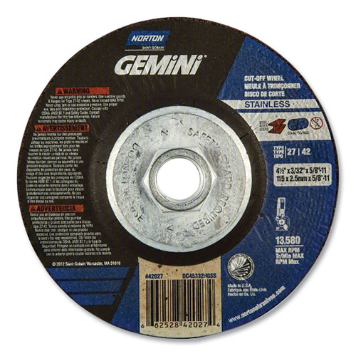 Norton Gemini RightCut Depressed Center Wheel, Aluminum Oxide, 4-1/2 in x 3/32 in x 5/8 -11, 24 Grit, 1/EA #66252842027