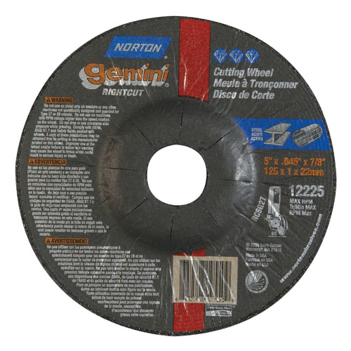 Norton Gemini RightCut Depressed Center Cut-Off Wheel, Aluminum Oxide, 5" dia, 0.045" Thick, 7/8 in, 1/EA #66252841914