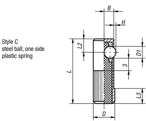 Kipp Lateral Spring Plunger, Style C, Spring Force, Single Sided, D=10, L=30, Steel, Black Oxidized (Qty. 1), K0374.410