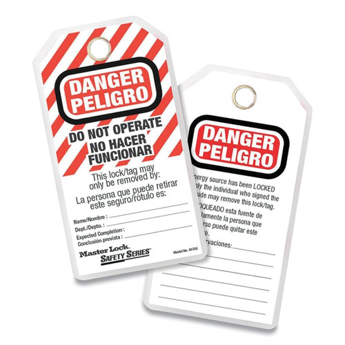 Master Lock Do Not Operate Safety Tags, Spanish/English, 3-1/8 in W x 5-3/4 in H, White/Black/Red, 12/PK, #497AX Master Lock Do Not Operate Safety Tags, Spanish/English, 3-1/8 in W x 5-3/4 in H, White/Black/Red, 12/PK, #497AX