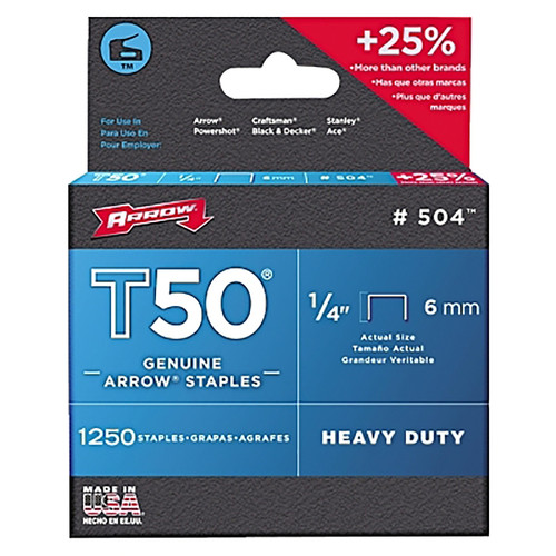 Arrow Fastener T50, Heavy Duty 3/8" Flat Crown Staples, 1/4" Leg, (1,250/Pack), #50424