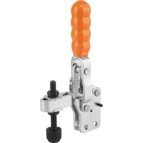 Kipp Toggle Clamps, M12X100, Vertical w/Straight Foot & Adjustable Clamping Spindle, Standard Steel, Orange Plastic (Qty. 1), K0055.0450
