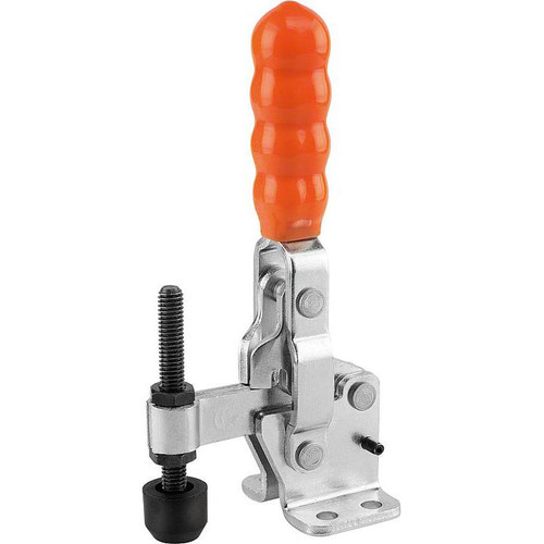 Kipp Toggle Clamp, M08X60, F1=2500, Vertical w/Flat Foot & Fixed Clamping Spindle, Steel, Orange Plastic (Qty. 1), K0060.0250