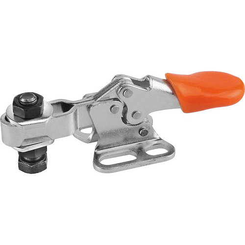 Kipp Toggle Clamp Mini, Horizontal w/Flat Foot & Adjustable Clamping Spindle, M05X20, F1=250,  Stainless Steel, Orange Plastic (1/Pkg.), K0069.0050N