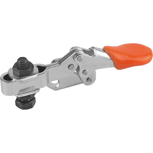 Kipp Toggle Clamp Mini, Horizontal w/Flat Right Foot & Adjustable Clamping SpindleM05X20, F1=250, Steel, Orange Plastic (Qty. 1), K0267.0050