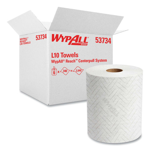 WypAll Reach Centerpull System L10 Towels, White, 11 in W x 7 in L, 340 Sheets/Roll, Box, 1 Ply, 6/RL #53734