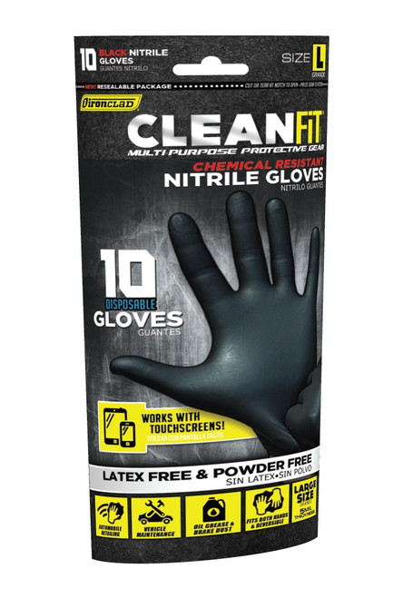 Ironclad Cleanfit Disposable Nitrile Gloves, Black, 5 Mil, Large, Powder-Free #M02013 (10/Pack - 144 Packs)