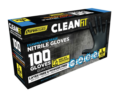 Ironclad Cleanfit Disposable Nitrile Gloves, Black, 5 Mil, X-Large, Powder-Free #M02045 (100/Box - 10 Boxes)