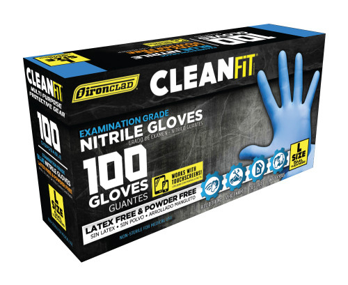 Ironclad Cleanfit Disposable Nitrile Gloves, Blue, 3 Mil, Large, Cobalt, Powder-Free #M02153 (100/Box - 10 Boxes)