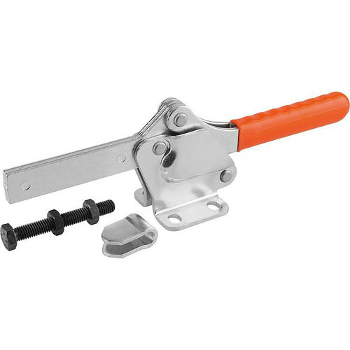 Kipp Toggle Clamp Standard, Horizontal w/Flat Foot & Full Folding Arm, M12X100, F1=3500, Steel, Orange Plastic (Qty. 1), K0076.0450 Kipp Toggle Clamp Standard, Horizontal w/Flat Foot & Full Folding Arm, M12X100, F1=3500, Steel, Orange Plastic (Qty. 1), K0076.0450