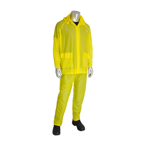 Base10 Value Three-Piece Rainsuit, 0.10 mm, Single Ply PVC, Self Collar, Elastic Pants, Yellow, 2X-Large, 1 EA #201-100X2