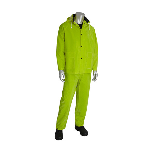 Base35 Premium Hi-Vis Three-Piece Rainsuit, 0.35 mm, PVC/Polyester, Hood, Corduroy Collar, Hi-Vis Green, 4X-Large, 1 EA #201-355X4