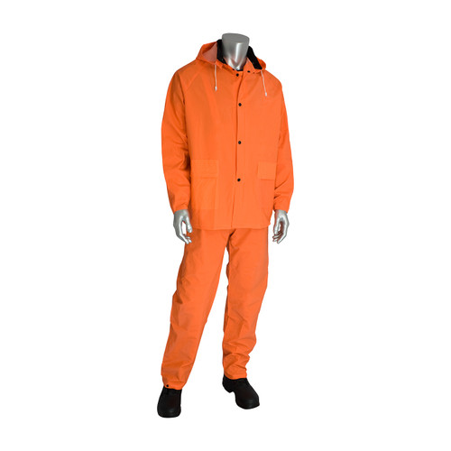 Base35 Premium Hi-Vis Three-Piece Rainsuit, 0.35 mm, PVC/Polyester, Hood, Corduroy Collar, Hi-Vis Orange, 2X-Large, 1 EA #201-360X2