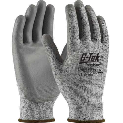 G-Tek PolyKor Seamless Knit PolyKor Blended Glove with Polyurethane Coated Flat Grip on Palm & Fingers, Salt and Pepper, Small, 12 Pairs #16-150/S