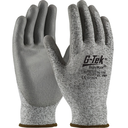 G-Tek PolyKor Seamless Knit PolyKor Blended Glove with Polyurethane Coated Flat Grip on Palm & Fingers, Salt and Pepper, 2X-Large, 12 Pairs #16-150/XXL