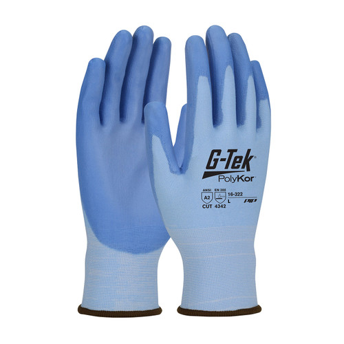 G-Tek PolyKor Seamless Knit PolyKor Blended Glove with Polyurethane Coated Flat Grip on Palm & Fingers, Premium, Blue, Large, 12 Pairs #16-322/L