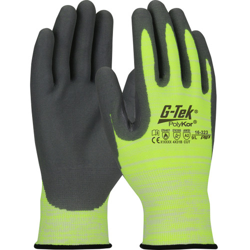 G-Tek PolyKor Hi-Vis Seamless Knit PolyKor Blended Glove with Nitrile Coated Foam Grip on Palm & Fingers, Hi-Vis Yellow, Medium, 12 Pairs #16-323/M
