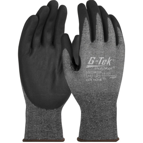 G-Tek PolyKor Seamless Knit PolyKor Blended Glove with Nitrile Coated Foam Grip on Palm & Fingers, Touchscreen Compatible, Gray, Medium, 12 Pairs #16-328/M