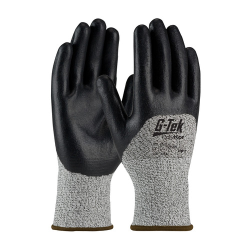 G-Tek PolyKor Seamless Knit PolyKor Blended Glove with Nitrile Coated Foam Grip on Palm, Fingers & Knuckles, Salt & Pepper, Medium, 12 Pairs #16-355/M