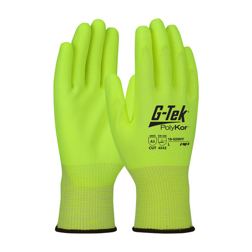 G-Tek PolyKor Hi-Vis Seamless Knit PolyKor Blended Glove with Polyurethane Coated Flat Grip on Palm & Fingers, Hi-Vis Yellow, 2X-Large, 12 Pairs #16-520HY/XXL