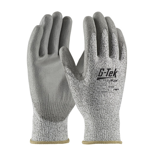 G-Tek PolyKor Seamless Knit PolyKor Blended Glove with Polyurethane Coated Flat Grip on Palm & Fingers, Salt & Pepper, Medium, 12 Pairs #16-530/M
