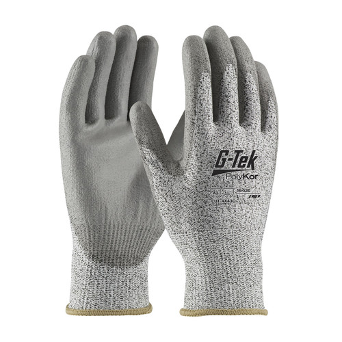 G-Tek PolyKor Seamless Knit PolyKor Blended Glove with Polyurethane Coated Flat Grip on Palm & Fingers, Salt & Pepper, Small, 12 Pairs #16-530/S